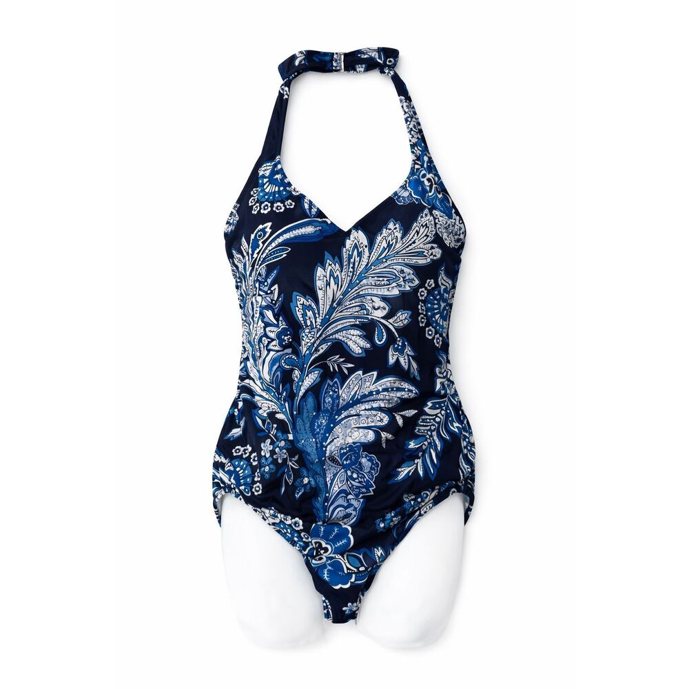 Lauren Ralph Lauren Swimsuit Size 14 One Piece Blue White Floral Leaf Embellishe